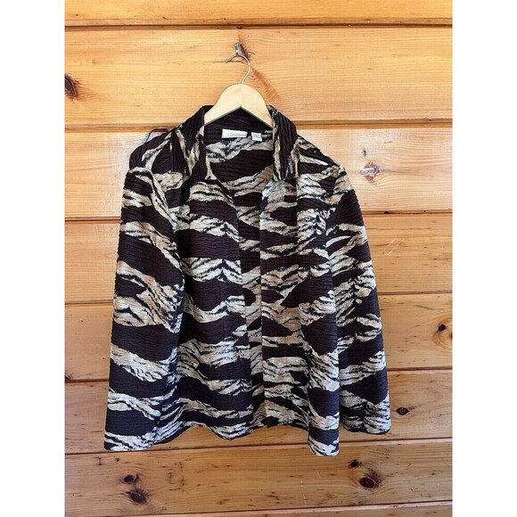 Chico’s Large Women Tiger Print Open Front Jacket Pleated Dressy Crinkled - Picture 1 of 6